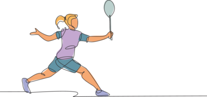 uno soltero línea dibujo de joven energético bádminton jugador defensa a tomar adversario golpear ilustración. sano deporte concepto. moderno continuo línea dibujar diseño para bádminton torneo póster png