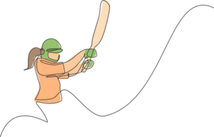 Single continuous line drawing of young agile woman cricket player stance focus to hit the ball illustration. Sport exercise concept. Trendy one line draw design for cricket promotion media png