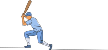 uno continuo línea dibujo de joven deportivo hombre béisbol jugador práctica a golpear el pelota a corte. competitivo deporte concepto. dinámica soltero línea dibujar diseño ilustración para promoción póster png