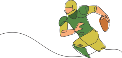 Célibataire continu ligne dessin de Jeune agile homme américain Football joueur fonctionnement tandis que tenir le Balle pour compétition médias. sport exercice concept. branché un ligne dessiner conception illustration png