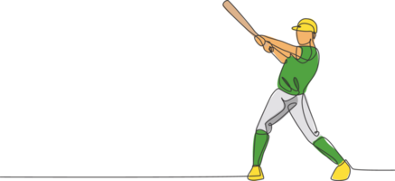 uno soltero línea dibujo de joven energético hombre béisbol jugador práctica a golpear el pelota ilustración. deporte formación concepto. moderno continuo línea dibujar diseño para béisbol torneo bandera png