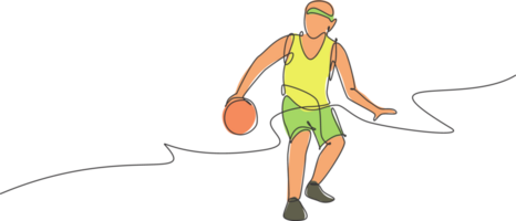 One continuous line drawing of young basketball player training at court field. Team sport concept. Dynamic single line draw design graphic illustration for sport competition poster and banner png