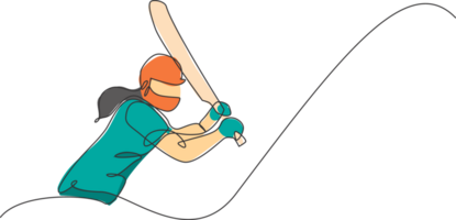 uno continuo linea disegno di giovane contento donna cricket giocatore pratica per colpire il palla illustrazione. competitivo sport concetto. dinamico singolo linea disegnare design per sport annuncio pubblicitario manifesto png