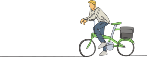 uno continuo línea dibujo de joven profesional gerente hombre ciclismo paseo plegable bicicleta a su oficina. sano trabajando urbano estilo de vida concepto. dinámica soltero línea dibujar diseño ilustración png