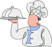 solteiro contínuo linha desenhando do estilizado homem chefe de cozinha servindo Comida para restaurante logotipo rótulo. Comida cafeteria mascote conceito. moderno 1 linha desenhar Projeto gráfico ilustração para Comida Entrega serviço png