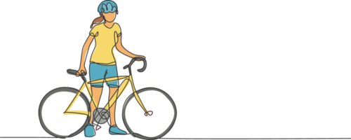 ett kontinuerlig linje teckning av ung sportig kvinna cykel racer vänta för henne vän på väg sida. väg cyklist begrepp. dynamisk enda linje dra design illustration för cykling sport affisch png