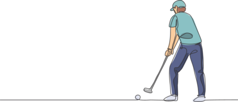 One continuous line drawing of young golf player swing golf club and hit the ball. Leisure sport concept. Dynamic single line draw design graphic illustration for tournament promotion media png