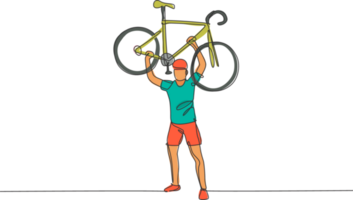 ett kontinuerlig linje teckning ung sportig man cykel racer hiss upp hans ljus cykel. väg cyklist begrepp. dynamisk enda linje dra design grafisk illustration för cykling konkurrens affisch png