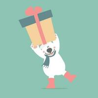 merry christmas and happy new year with cute polar polar bear and present gift box in the winter season, flat vector illustration cartoon character costume design