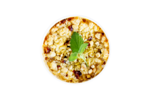 Tasty dessert crumble with nuts and leaves on transparent background png