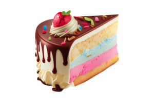 Fresh sweet ice cream cake with chocolate syrup and berries on transparent background png