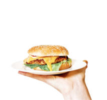 main tenir savoureux Burger isolé sur transparent Contexte png