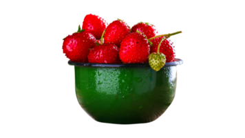 Fresh Strawberries in green bowl with  transparent background png