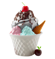 Tasty colorful ice cream cup with syrups and fruits on transparent background png