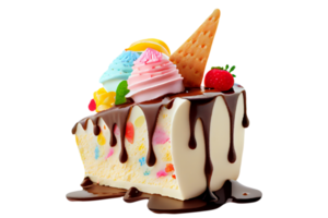 Fresh sweet ice cream cake with chocolate syrup and berries on transparent background png