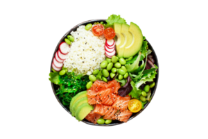 Tasty fresh hawaiian salmon poke salad on transparent background png