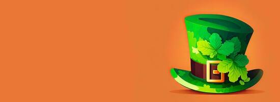 3D Render of Clover Leaves Leprechaun Hat On Orange Background. St. Patrick's Day Concept. photo