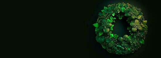 3D Render of Clover And Tropical Leaves Forming Wreath Against Dark Background With Copy Space. St. Patrick's Day Concept. photo