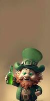 3D Render of Cheerful Leprechaun Man Enjoying Drink On Brown Background And Copy Space. St. Patrick's Day Concept. photo