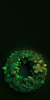 3D Render of Clover And Tropical Leaves Forming Wreath Against Dark Background With Copy Space. St. Patrick's Day Concept. photo