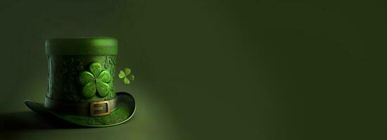 3D Render of Clover Leaves Printed Leprechaun Hat On Green Background. St. Patrick's Day Concept. photo