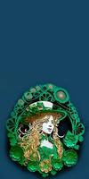 Clay Modeling of Female Leprechaun Inside Vintage Frame On Blue Background. 3D Render, St. Patrick's Day Concept. photo