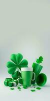 3D Render of Clover Leaves With Mugs, Vase Element On Grey Background And Copy Space. St. Patrick's Day Concept. photo