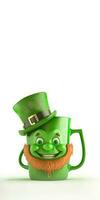 3D Render, Leprechaun Head Mug With Top Hat On White Background And Copy Space. St. Patrick's Day Concept. photo