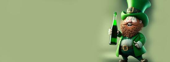 3d hacer de alegre duende hombre participación alcohol botella en pastel verde antecedentes y Copiar espacio. S t. patrick's día concepto. foto