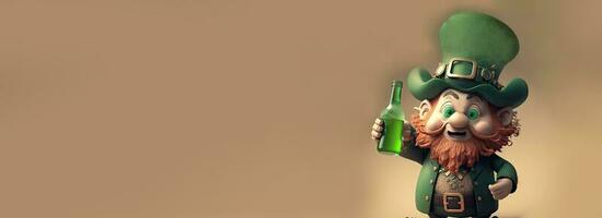 3D Render of Cheerful Leprechaun Man Enjoying Drink On Brown Background And Copy Space. St. Patrick's Day Concept. photo