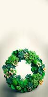 3D Render of Clover And Tropical Leaves Forming Wreath Against Gray Background With Copy Space. St. Patrick's Day Concept. photo