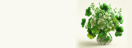 3D Render of Beautiful Clover Plant Pot In White And Green Color. St. Patrick's Day Concept. photo
