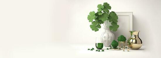 3D Render of Clover, Flower Pot With Blank Frame And Green Drink Glass For St Patricks Day Concept. photo