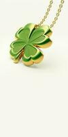 3D Render of Shiny Green Clover Leaves Locket Or Pendant And Copy Space. St Patricks Day Concept. photo