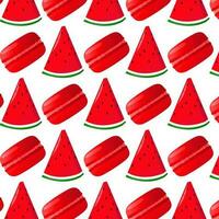 Seamless pattern red macarons with slice watermelon.For posters, logos, labels, banners, stickers, product packaging design, etc. Gradient macarons. Vector illustration