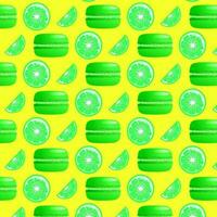 Seamless pattern lime macarons and lime slice. Gradient macarons. Vector traditional french cookies in cartoon style.Vector illustration