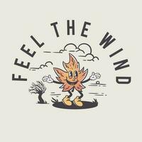 cartoon character illustration of a maple leaf blowing in the wind in vintage style vector