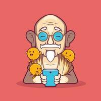 un personaje utilizando un teléfono con emojis por su lado vector ilustración. tecnología, juegos, comunicación diseño concepto.