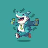 Shark character in a suit running with money vector illustration. Politics, corruption, funny design concept.