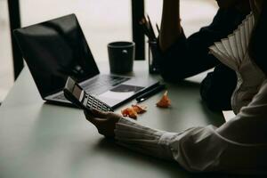 Financial Business team present. Business man hands hold documents with financial statistic stock photo, discussion, and analysis report data the charts and graphs. Finance Financial concept photo