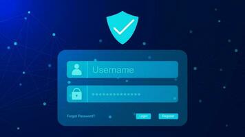 Login form with shield security and dots and lines connection for data protection, policy privacy and encryption concept background. Vector illustration.