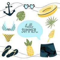 verano recopilación. conjunto de linda verano elementos ropa, hojas, frutas, nadando círculo, ancla. Perfecto para Hora de verano póster, tarjeta, pancartas mano dibujado vector ilustración