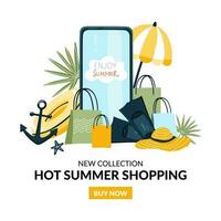 en línea ir de compras conjunto de linda verano elementos ropa, hojas, nadando círculo. Perfecto para Hora de verano póster, tarjeta, pancartas vector