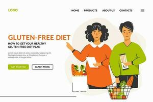 A webpage about the gluten-free diet. A couple chooses foods with a diet plan. The concept of gluten free diet, diet food, meal planning, wellness and shopping. Vector illustration