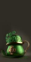 3D Render of Green And Bronze Ancient Ethnic Pot On Dark Background. St. Patrick's Day Concept. photo