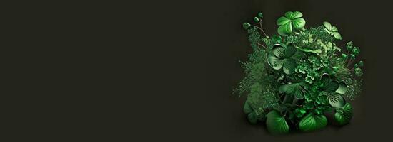 Green Shamrock Bush On Black Background And Copy Space. 3D Render, St. Patrick's Day Concept. photo