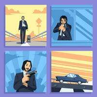 A Man in Suit with Weapon in Action Social Media Post vector