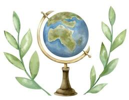 Clásico globo con verde ramas de plantas. mano dibujado acuarela ilustración de antiguo retro tierra modelo con hojas en blanco aislado antecedentes. dibujo de objeto para Ciencias o colegio educación vector