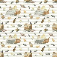 Seamless watercolor Pattern with Bodycare cosmetic and vintage flacons on isolated striped background. Hand drawn illustration with towel and bottles for banner or backdrop. Ornament with eco products vector