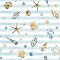 Seashell seamless Pattern. Hand drawn watercolor illustration with sea Shells on isolated white background with blue stripes. Underwater ornament with cockleshell for textile nautical design or paper vector